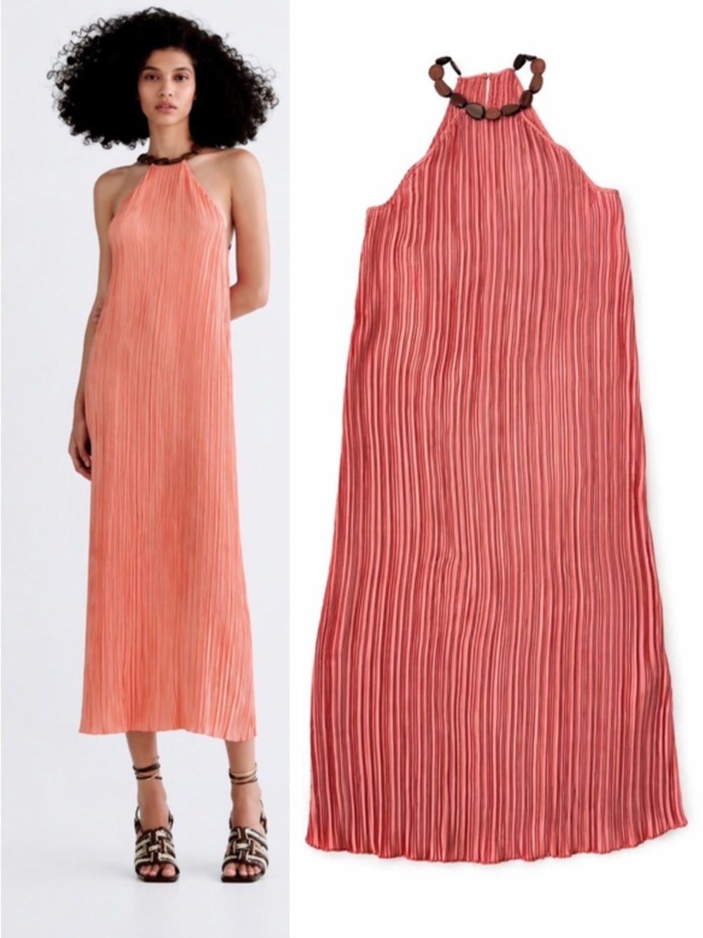 ZARA NWT Pleated L Halter Midi Dress Coral Wood Bead Neck Boho Resort vacation